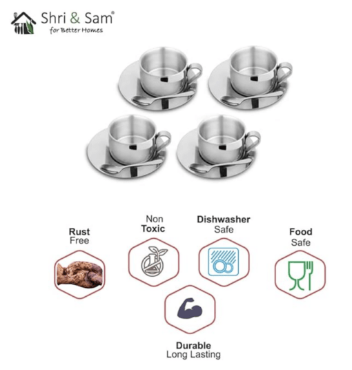 Shri & Sam Stainless Steel 4 Pieces First Impression Double Wall Cup and Saucer Set - Image 2